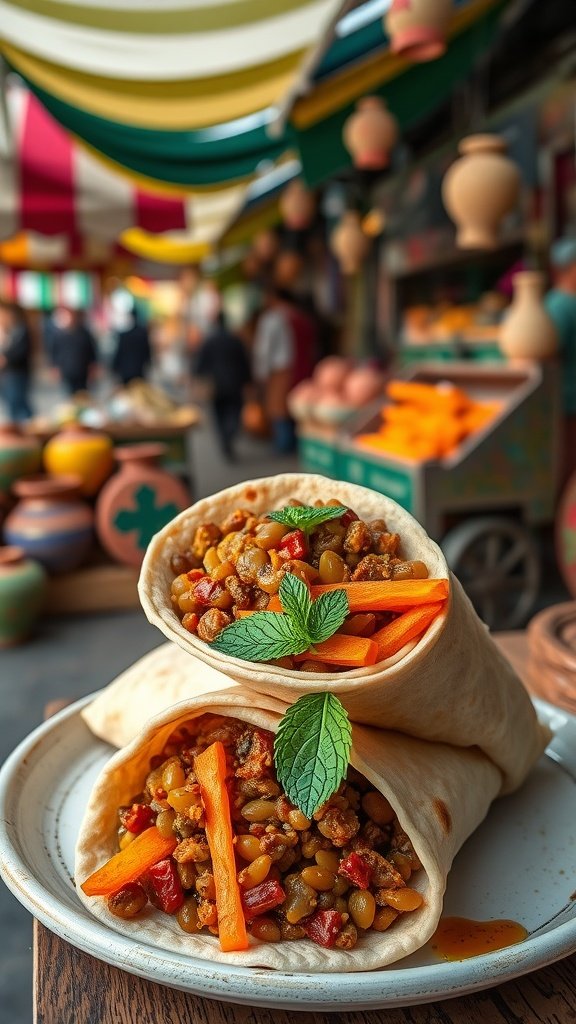 Delicious lentil wraps served with vegetables and fresh herbs.