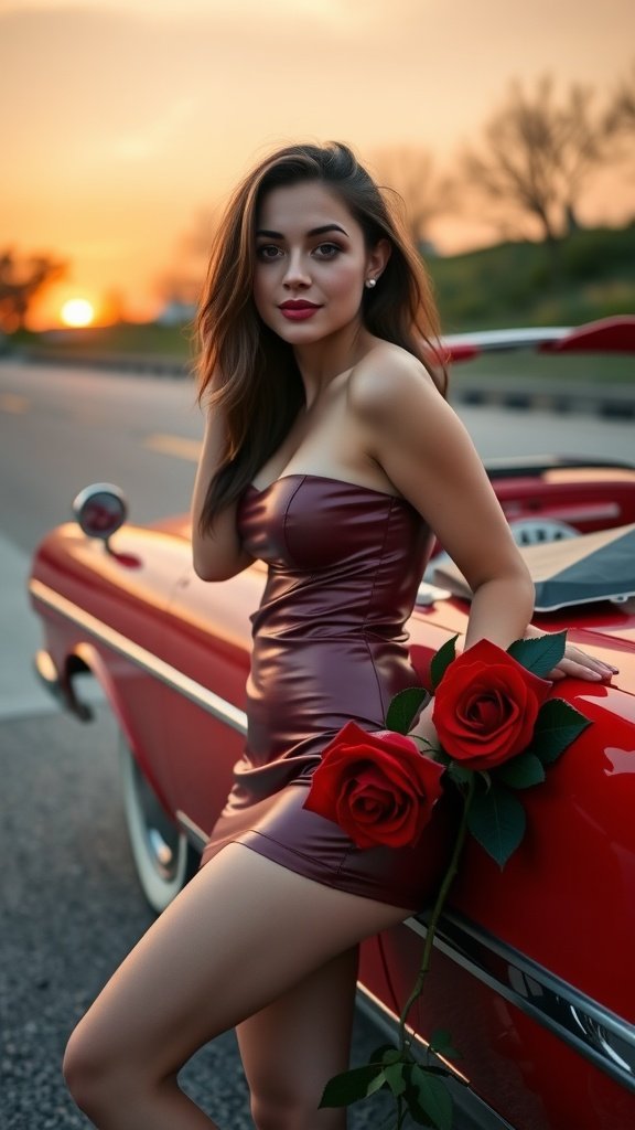 A woman in a burgundy vinyl mini dress holding red roses while leaning against a red convertible car during sunset.