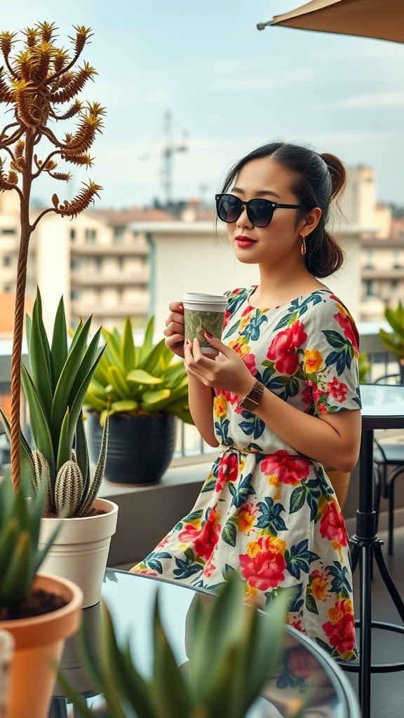 A woman in a floral tunic mini dress, holding a coffee, surrounded by potted plants on a balcony.