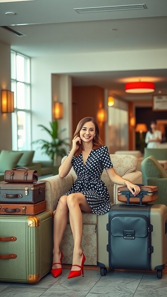 A woman in a black and white polka dot mini dress sits among vintage suitcases in a stylish lounge.