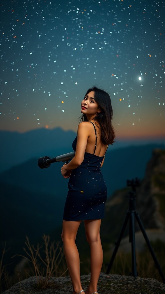 A woman wearing a Zodiac Print Mini dress with stars and celestial symbols, standing outdoors at dusk.