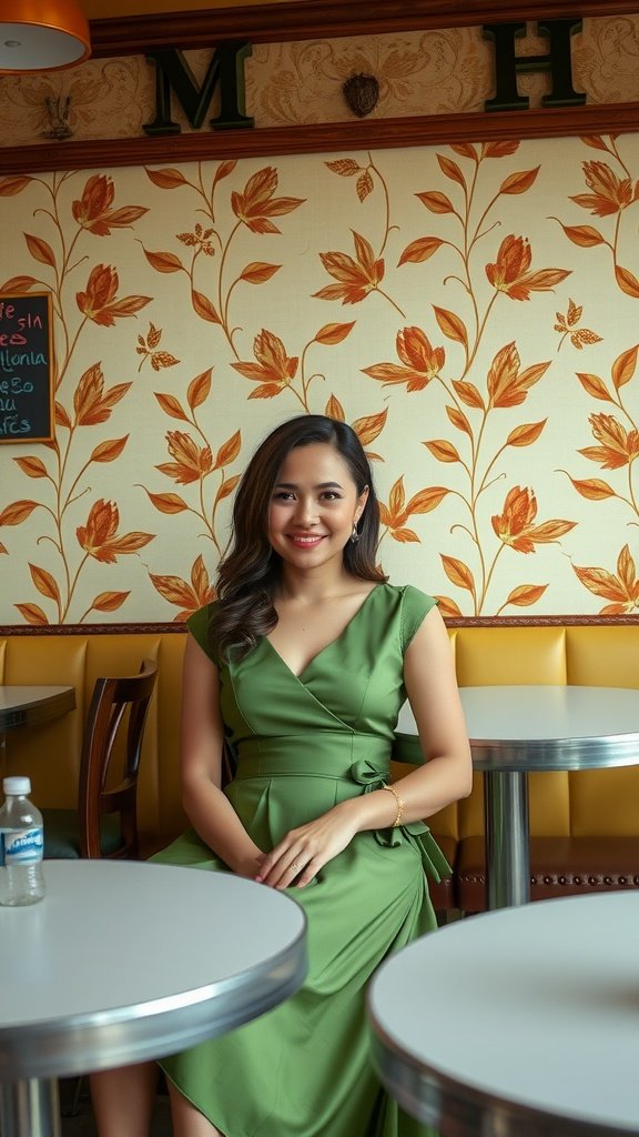 A woman in a green wrap mini dress sitting in a café with retro flower-patterned wallpaper.