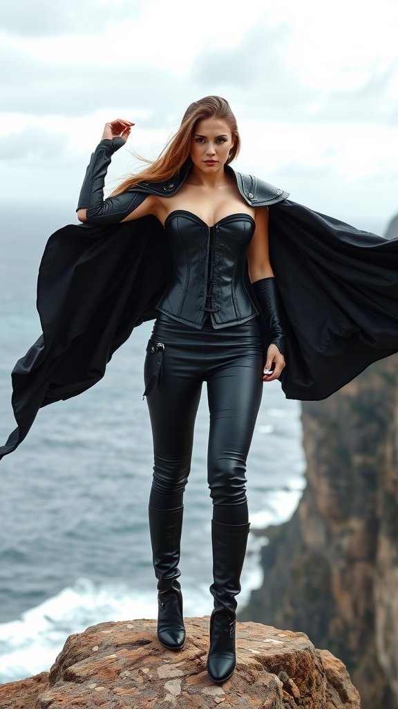 A woman wearing a black corset, leather pants, and a dramatic cape stands confidently on a rocky cliff by the sea.