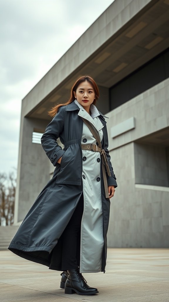 A woman wearing a dark grey neoprene coat with a belt, standing confidently in an urban setting.