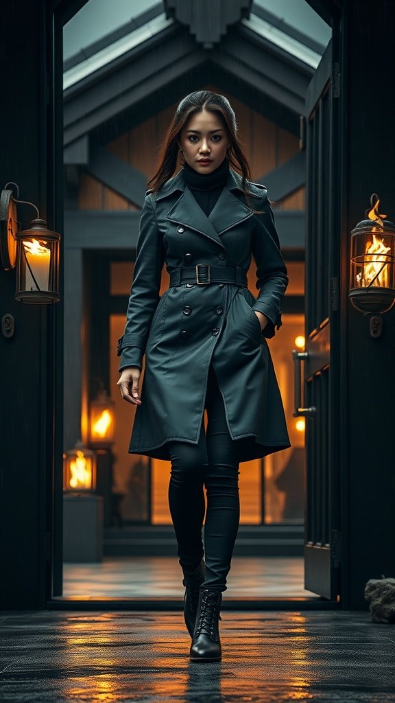 A person wearing a dark trench coat standing at an entrance, showcasing tactical elegance.