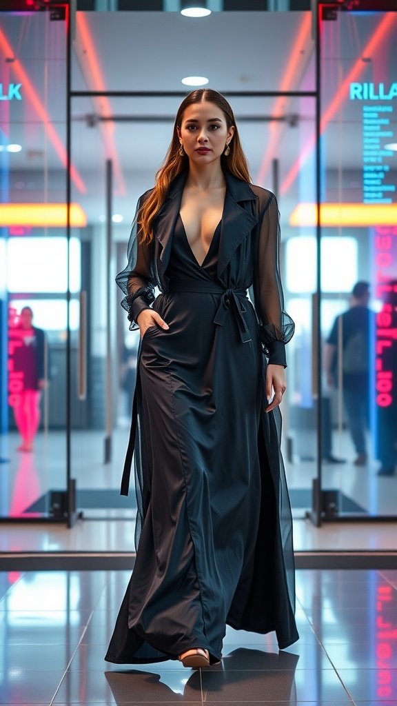 A woman wearing a stylish black dress with translucent sleeves, walking confidently in a modern setting.