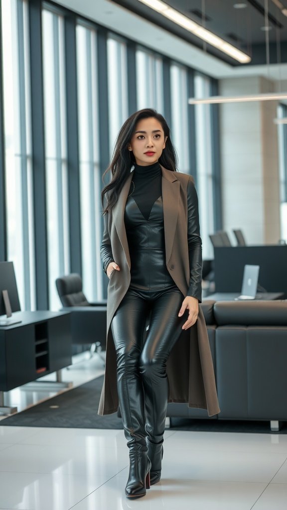 Model wearing a sleek black leather bodysuit with a long coat in a modern office setting.
