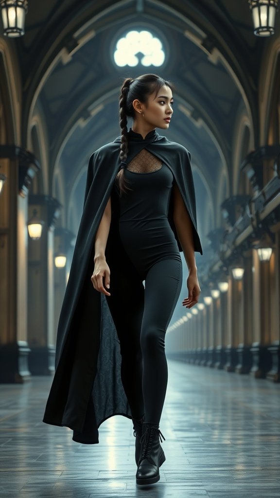 Model wearing a black satin cape, fitted leggings, and boots, standing in an elegant architectural hallway.