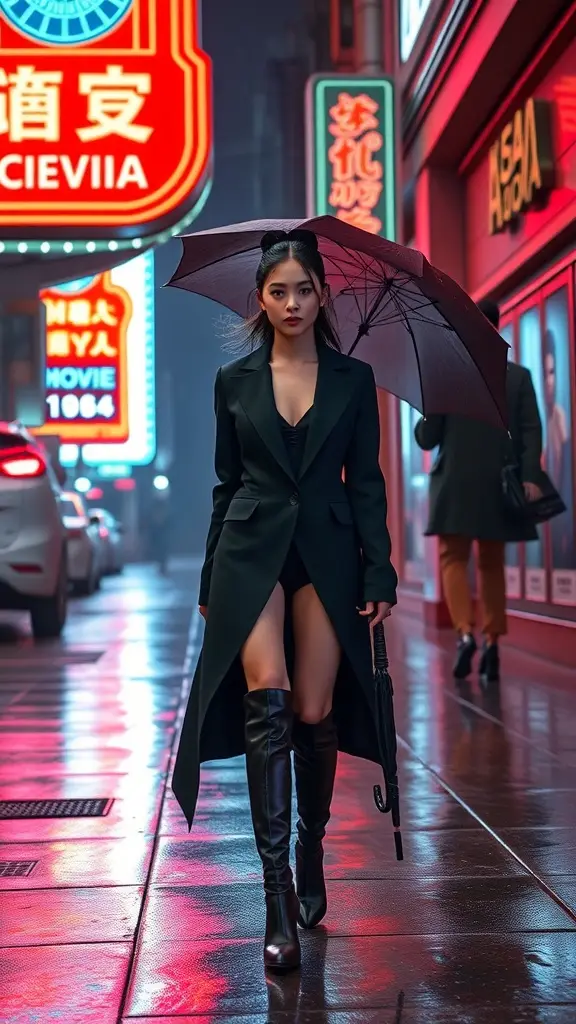 Model wearing a Kylo Cut Blazer, walking in a neon-lit urban street with an umbrella.