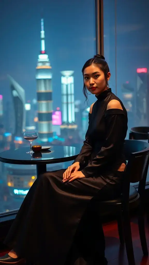 Model in a silk dress with shoulder cutouts, seated at a table overlooking a vibrant city skyline at night