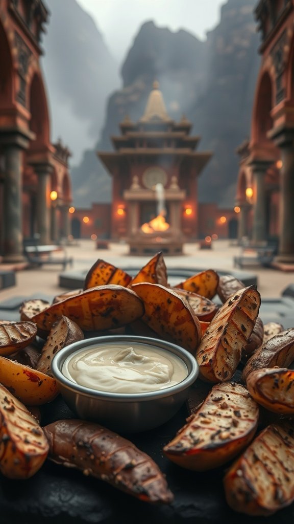 A plate of spicy roasted potato wedges served with a creamy dipping sauce.