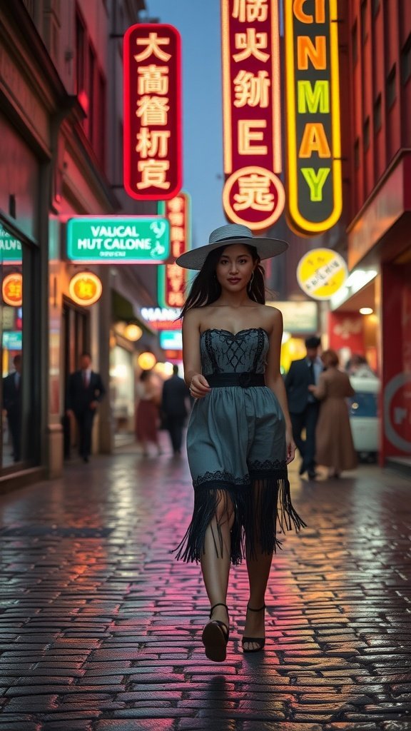A woman walking in fringe heels on a vibrant street with neon signs.