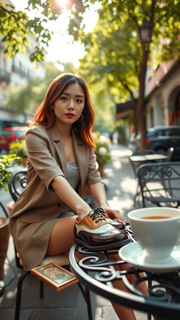 A stylish woman in a cafe wearing Cigarette Girl Oxfords, showcasing vintage-inspired footwear.
