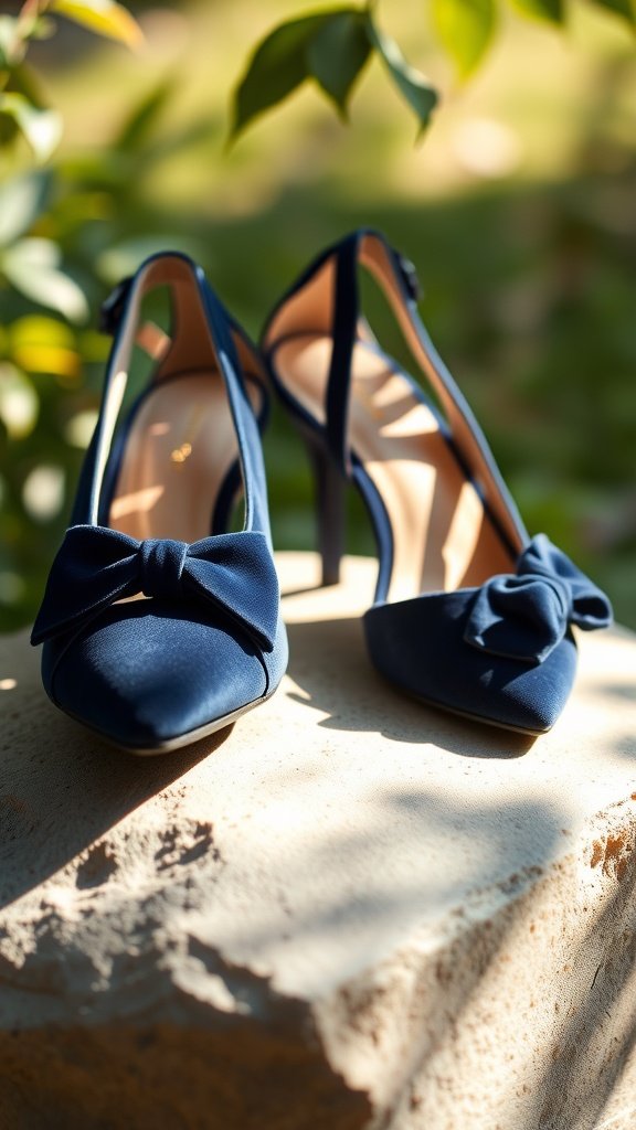 A stylish pair of navy velour bow slingbacks worn by a woman in a cafe setting, with greenery in the background.