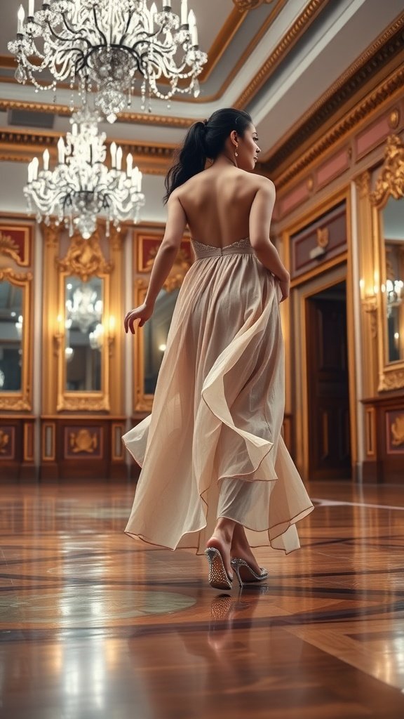 A woman in a flowing dress wearing beaded ballroom sandals, walking through an opulent ballroom with chandeliers.