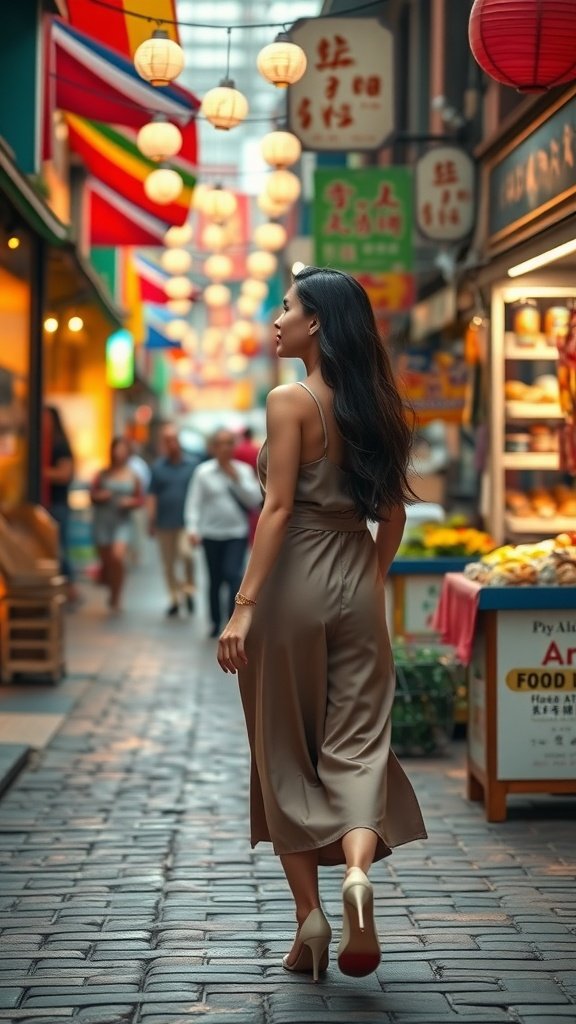 A woman walking through a vibrant alley wearing stylish slingback pumps.