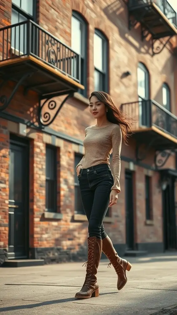 A model wearing stylish lace-up brown boots, walking down a street with a vintage vibe.
