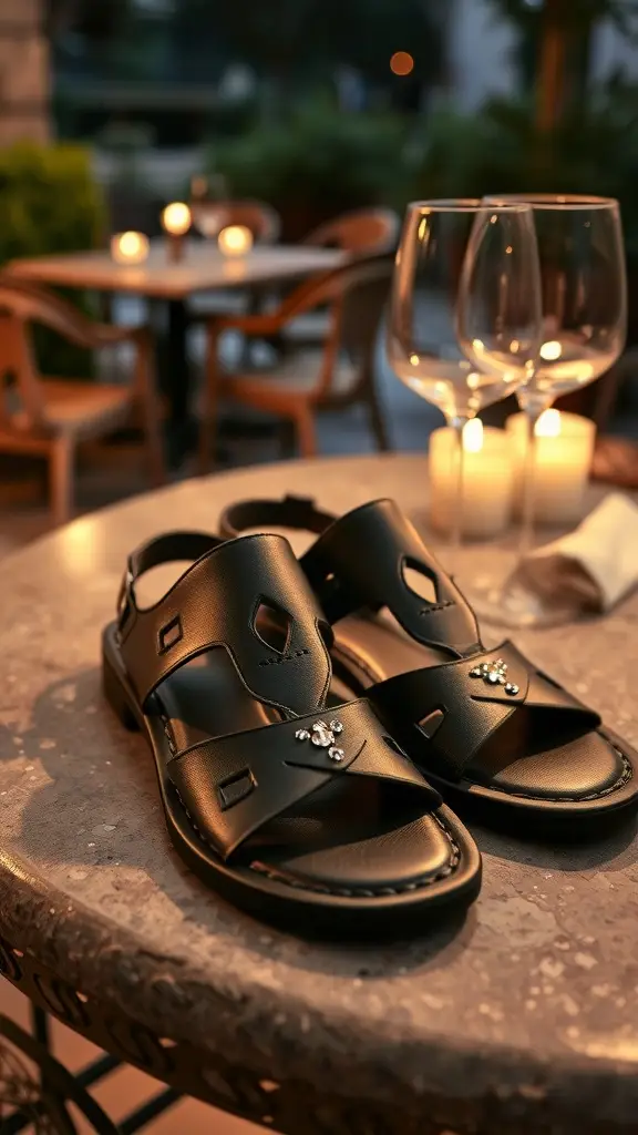 A stylish woman wearing crystal-cutout sandals at a café with warm lighting and vintage ambiance.