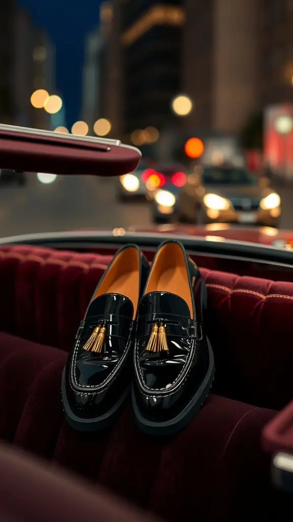 A stylish person wearing Dandy Heel Loafers while seated in a car at night.