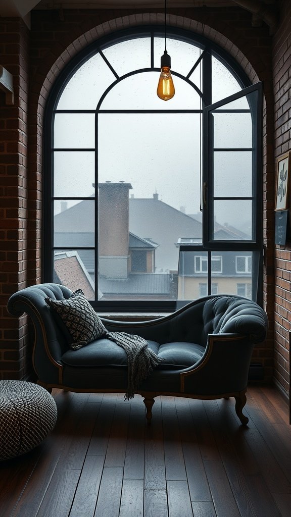 A stylish nook featuring a blue chaise lounge by an arched window with rain, illuminated by a warm light bulb.