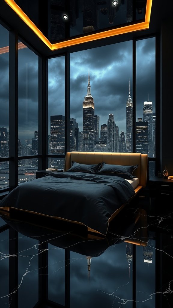 A luxurious bedroom with a city skyline view, featuring dark tones and golden accents.