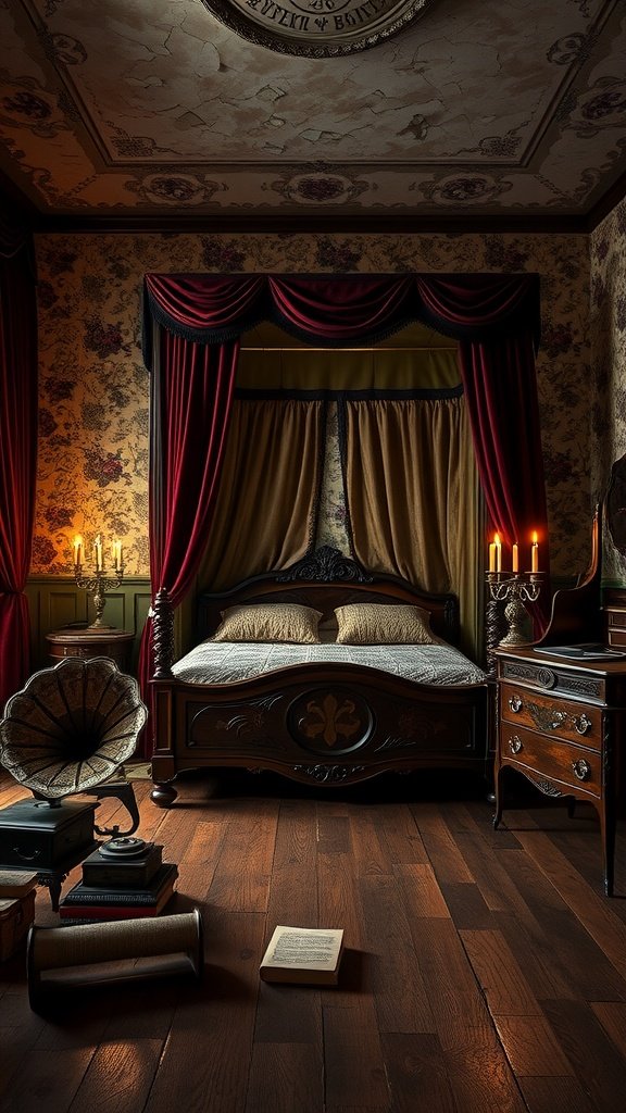 A romantic Gotham-inspired bedroom with rich red drapes, a vintage gramophone, and scattered books.