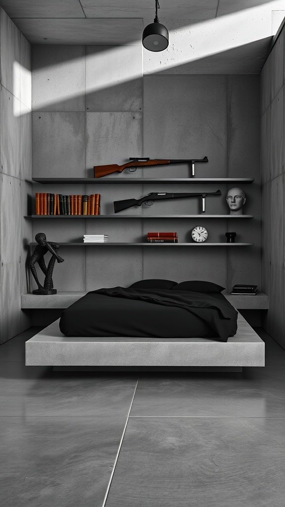 A minimalistic bedroom with concrete walls, a black bed, and shelves displaying books and decorative items.