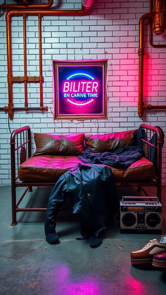 A cozy subway loft bedroom featuring a metal bed frame, neon signs, and industrial decor