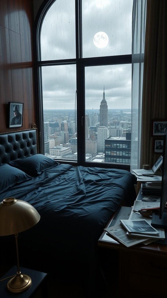 A bedroom with a view of the Empire State Building and a moody sky, featuring dark bedding and a desk with scattered papers.