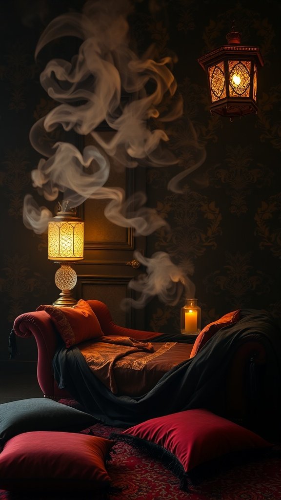 A cozy opium den-inspired bedroom featuring a plush chaise lounge, vibrant pillows, and glowing lanterns, with smoke drifting through the air.