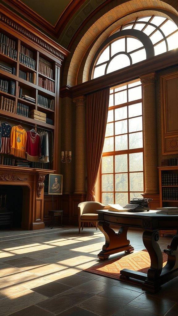 A stylish room featuring large windows, wooden bookshelves filled with books, and a classic desk, radiating warmth and sophistication.