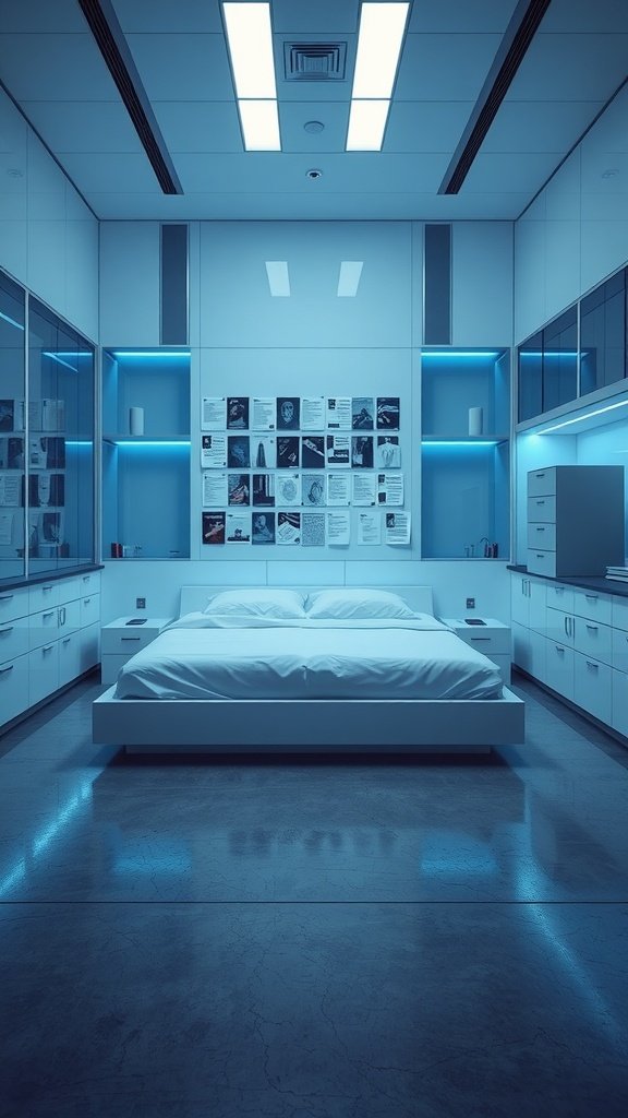 A modern bedroom with white bed, cool blue lighting, and a wall filled with notes and images.