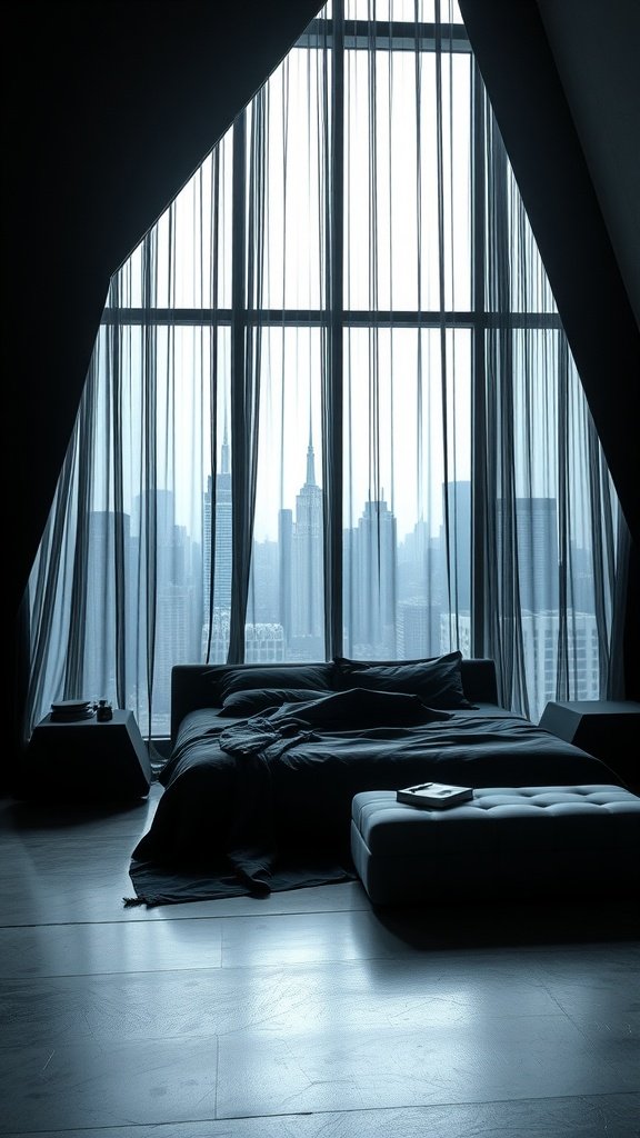 A minimalist bedroom with large windows draped in sheer curtains, showcasing a city skyline.