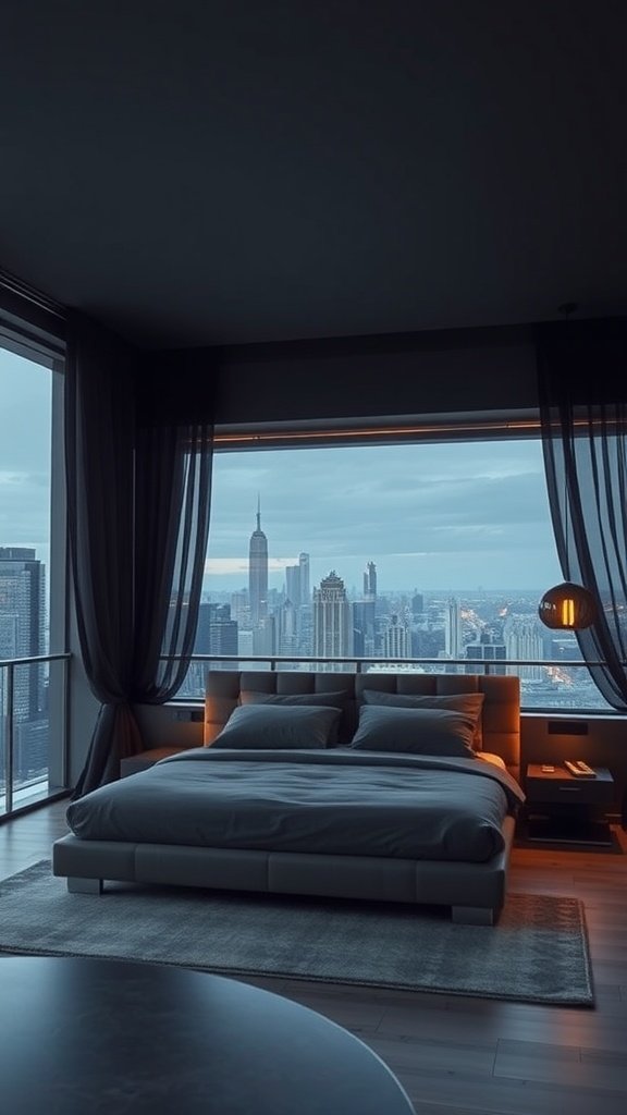 A stylish bedroom with a city skyline view, featuring a large window and warm lighting.