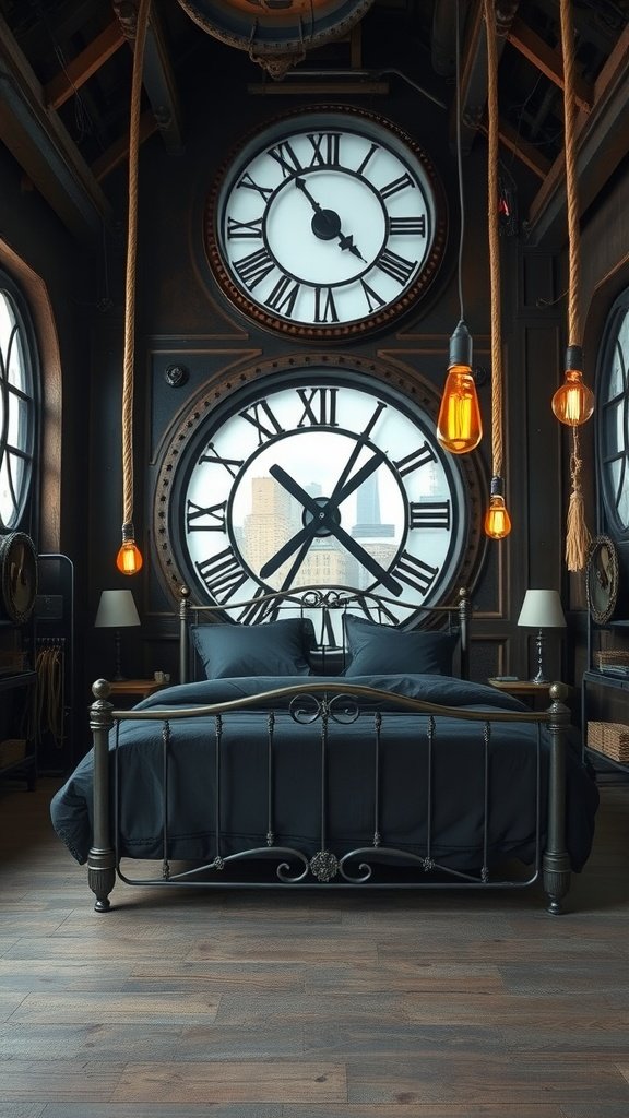 A stylish bedroom featuring large industrial clock faces, a black bed, and warm pendant lighting.