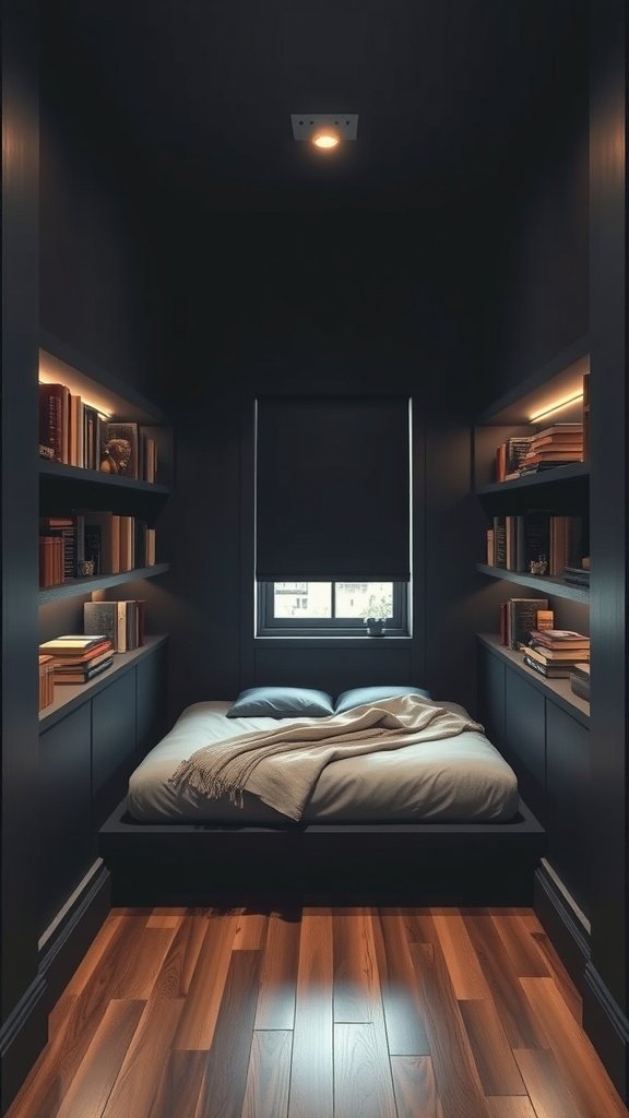 Cozy bedroom alcove with dark walls, a bed, and bookshelves