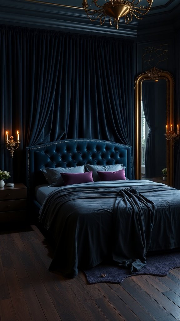 A luxurious bedroom featuring deep blue velvet curtains, a plush bed with pillows, and golden accents.
