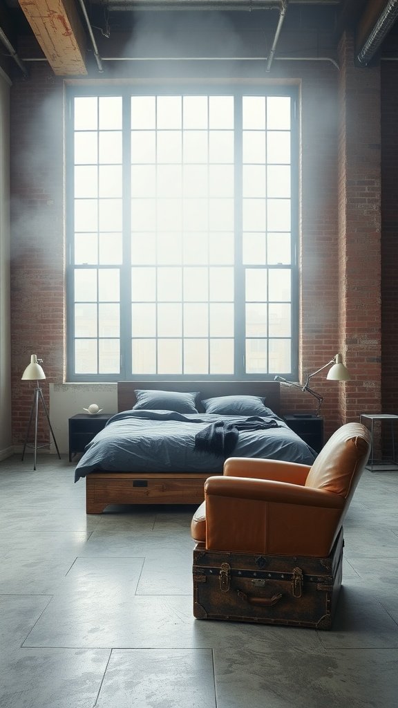A fog-laden loft bedroom featuring large windows, a wooden bed, a brown leather chair, and a vintage suitcase