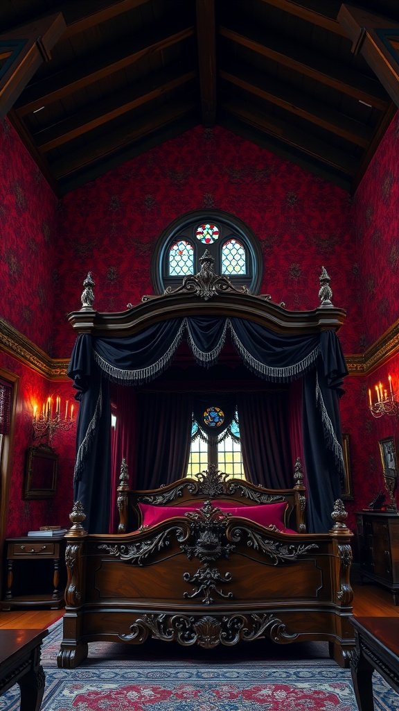 A Gothic Revival bedroom featuring a four-poster bed, red wallpaper, stained glass windows, and vintage decor.