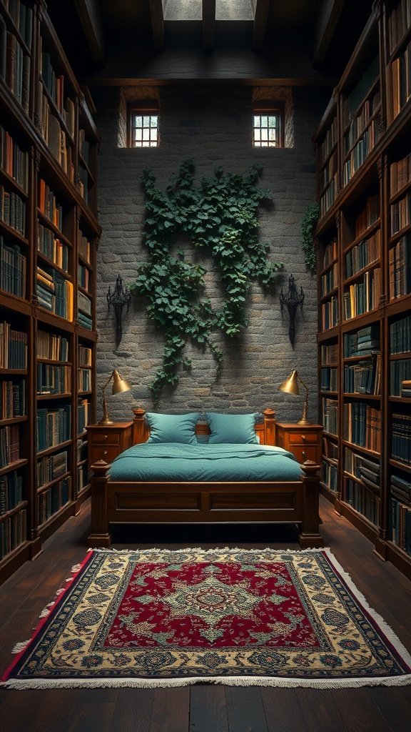 A cozy bedroom with wooden bookshelves, blue bedding, and climbing ivy on the stone wall.