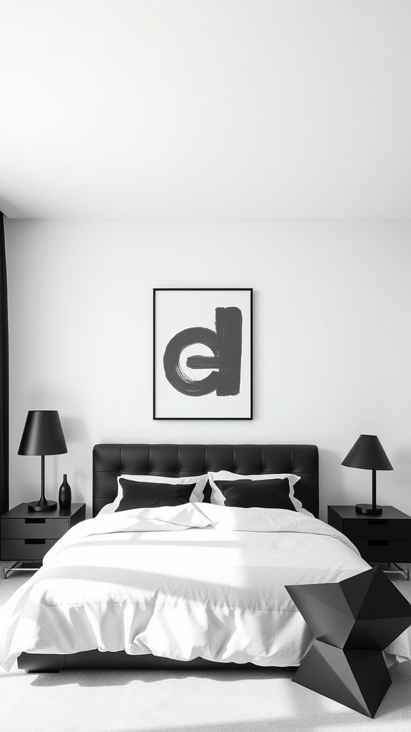 A monochrome bedroom featuring a black headboard, white bedding, and geometric furniture.