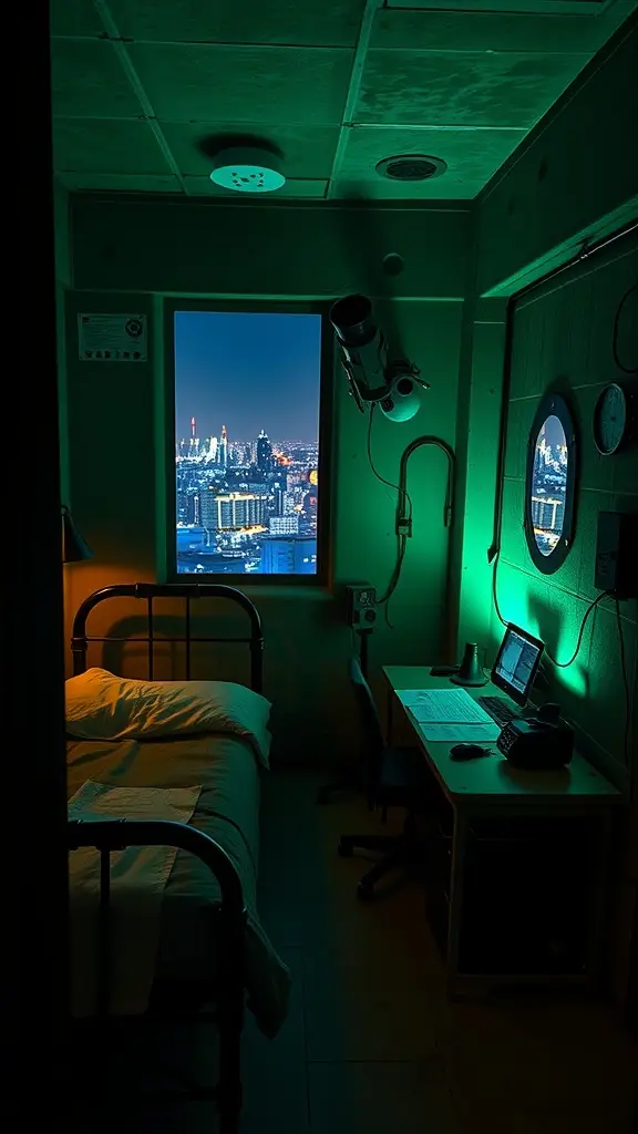 A dimly lit bedroom with a bed and workspace, featuring a large window overlooking a city skyline, complete with a telescope.