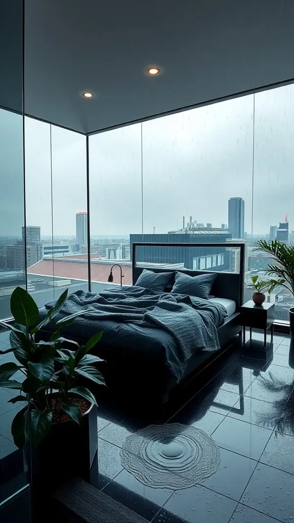 A modern bedroom with large glass windows showing a rain-soaked cityscape, featuring a cozy bed and plants.