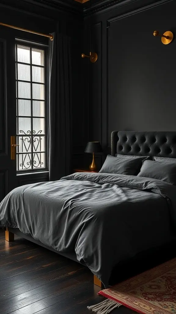A stylish bedroom featuring dark walls, plush gray bedding, and brass accents.