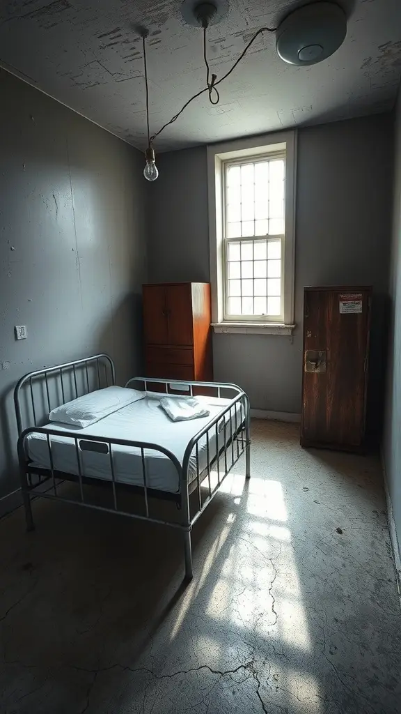 A stark bedroom with a metal bed frame, bare mattress, and a single light bulb, evoking an asylum atmosphere.