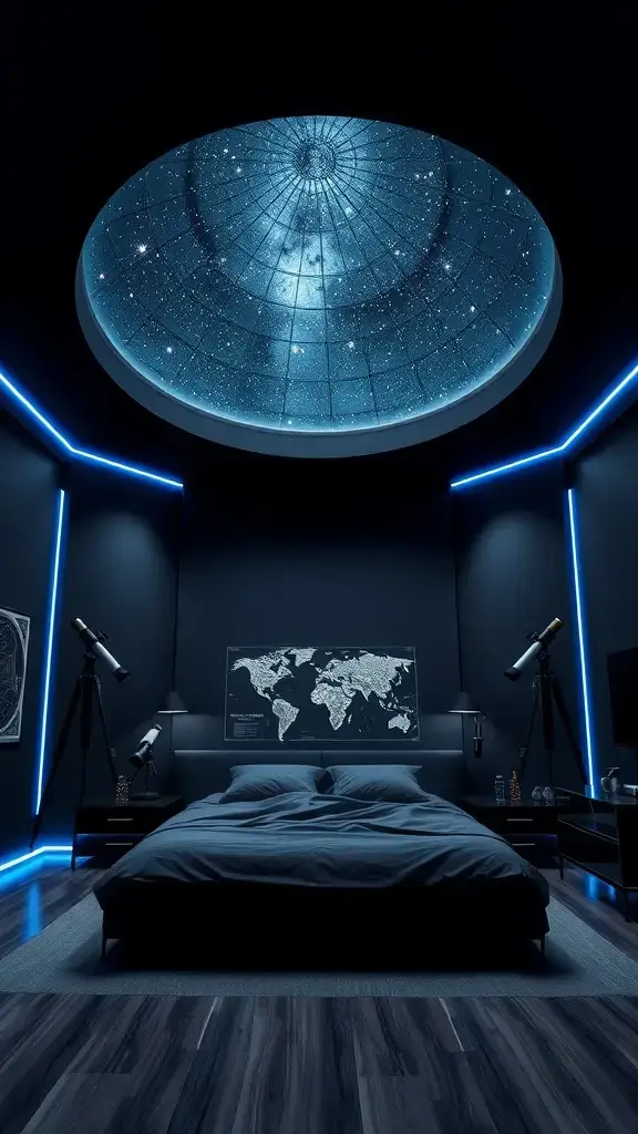 A dark bedroom featuring a starry dome ceiling, blue lighting, telescopes, and a world map.