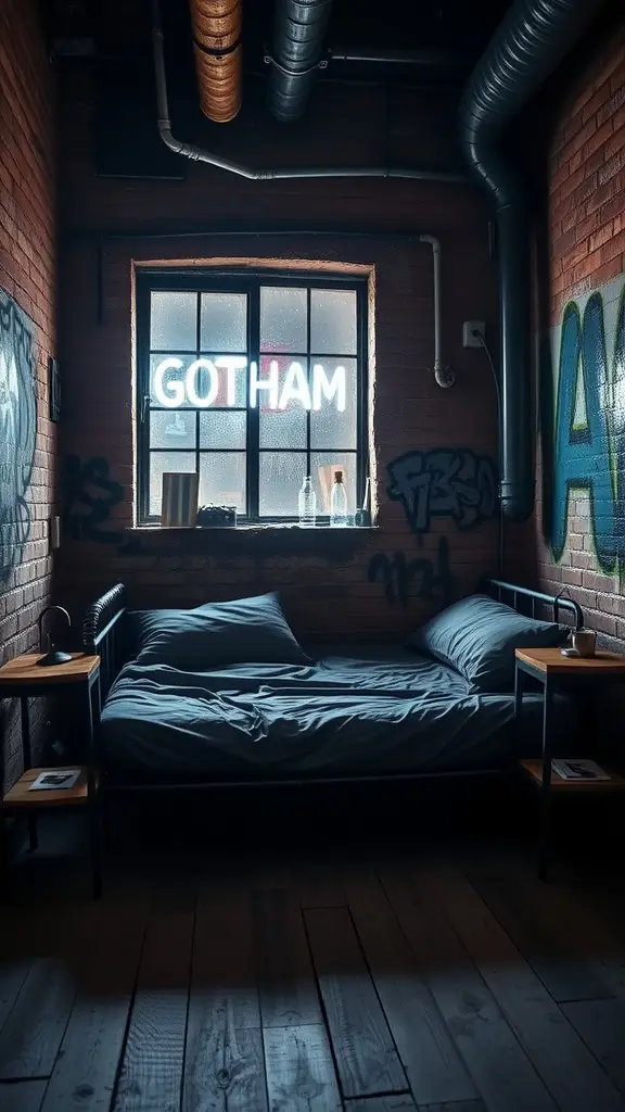 A cozy studio bedroom featuring exposed brick walls, a bed with gray linens, illuminated by a neon 'GOTHAM' sign.