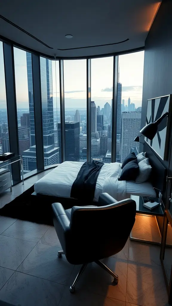 A modern bedroom with floor-to-ceiling windows overlooking a city skyline, featuring a bed with dark linens and a black chair.