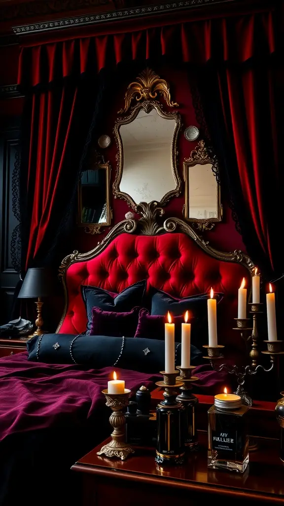 A dark and elegant bedroom featuring a red velvet headboard, black drapes, ornate mirrors, and candlelight.