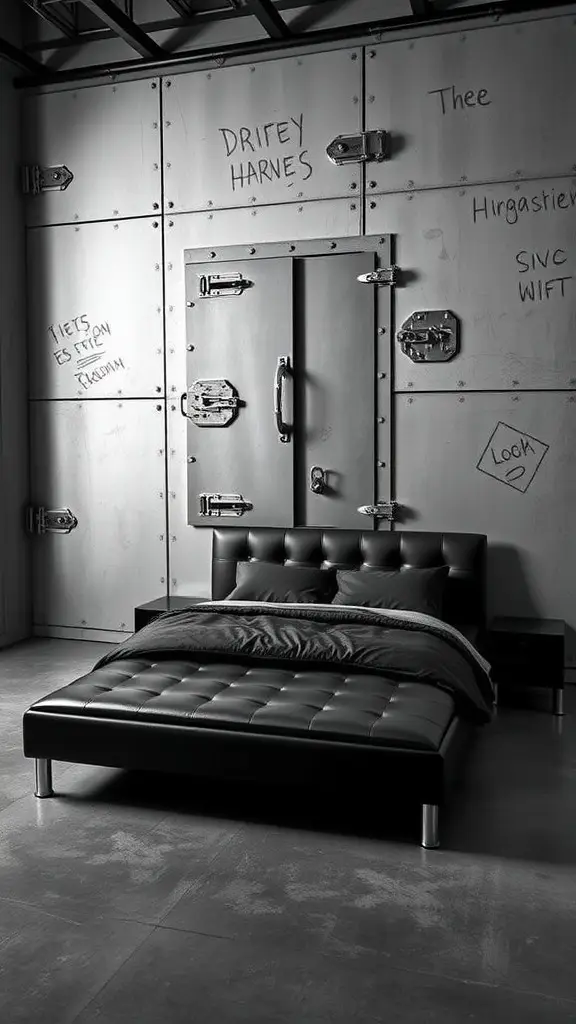 A modern bedroom with a sleek black bed and metallic walls resembling a vault.